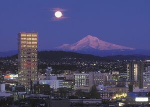 The moon and Mount Hood from Portland Oregon downtown to illustrate Hydra-Power Systems Portland OR, Birmingham AL, and Beyond