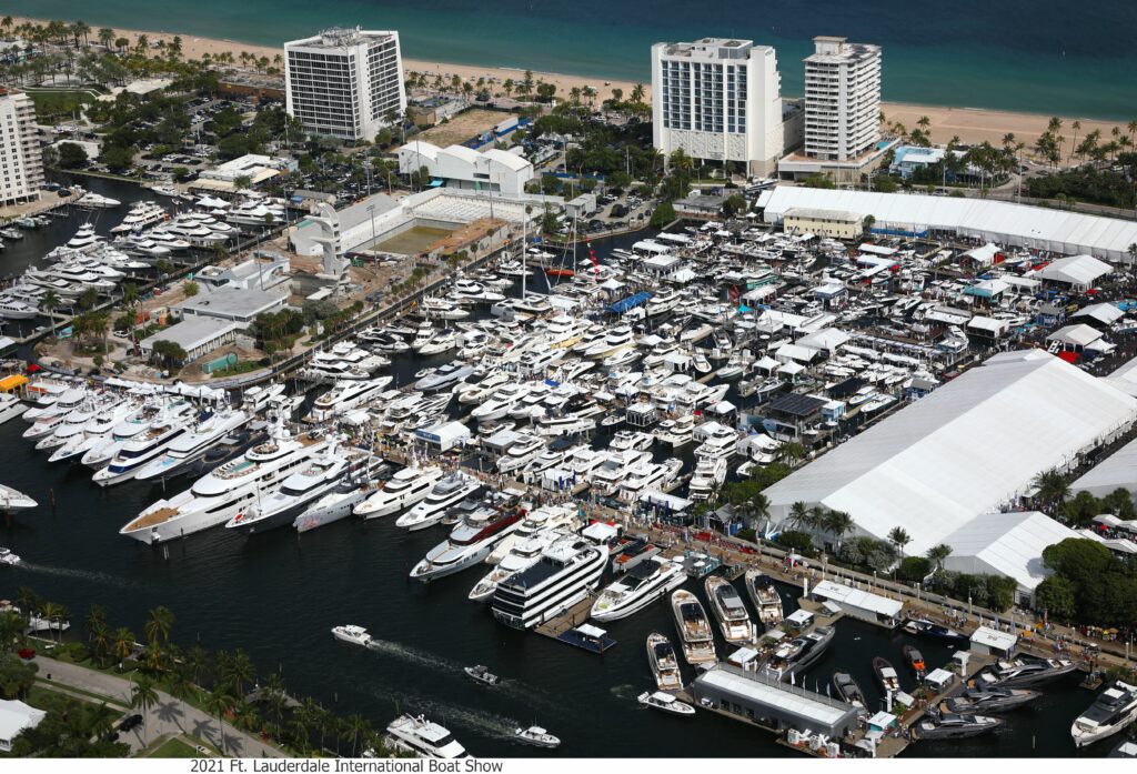 Aerial view showing the beach, the intracoastal, and many boats to illustrate Navigating Innovation: Set Sail for Ft. Lauderdale Boat Show_Hydra Power Systems