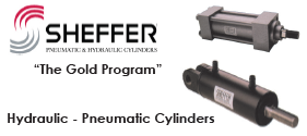 Sheffer logo and two Sheffer hydraulic and pneumatic cylinders