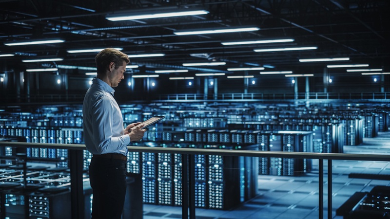 A man overlooking servers in a data center.